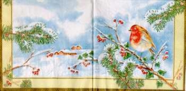 Serviette Rotbrüstchen auf verschneitem Ast mit Beeren, Landschaft , Rarität